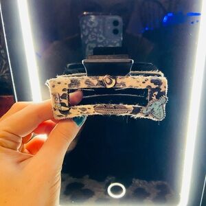 Cow Print Hair Clip with Blue Accent